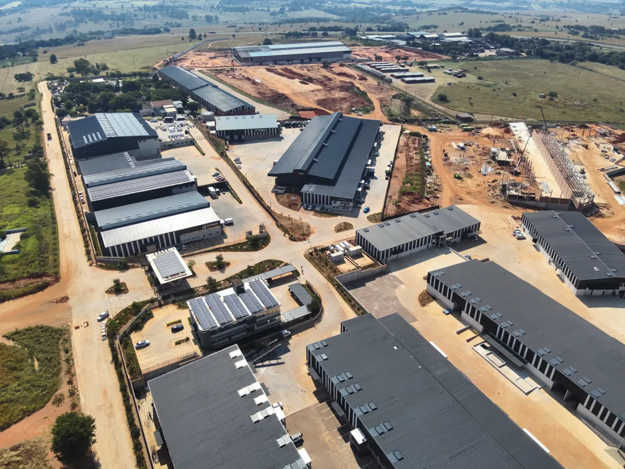 2.5MW solar PV and 3MWh BESS at an industrial park microgrid in the Lanseria area: aerial view of the site